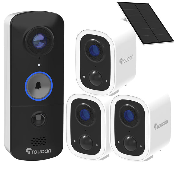 Toucan Guardian Premium Wireless Security Camera S4 3-Pack + Wireless Video Doorbell V3 + Solar Charger Bundle (Coming Soon)